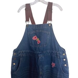 Cider Women's 2XL Floral Embroidered Wide Leg Overalls Denim Blue Wash